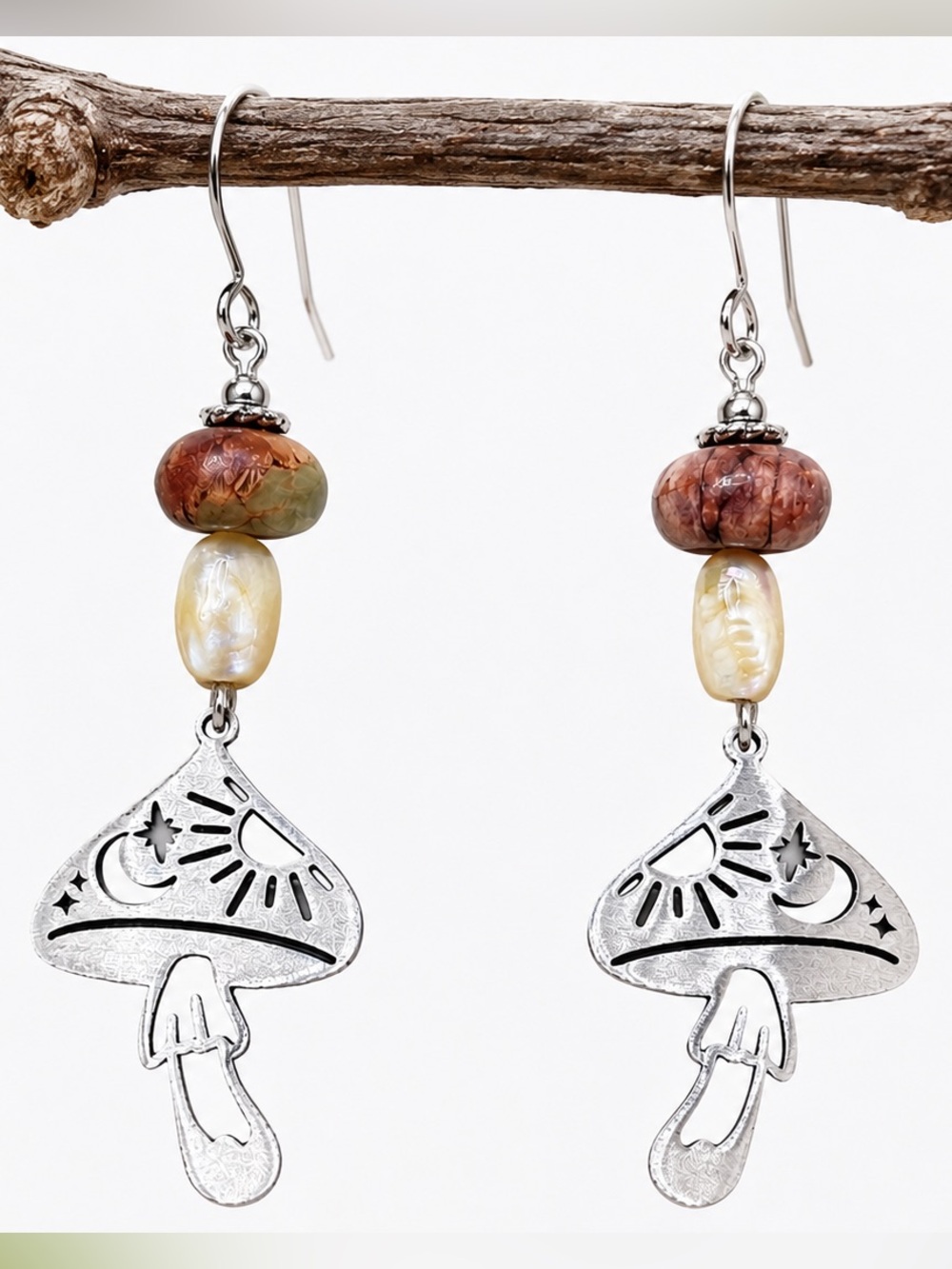 Celestial Mushroom Earrings, Mother of Pearl & Wood Bead, Woodland Boho